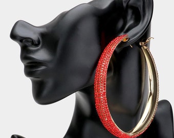 Red rhinestone hoop earrings Clearance
