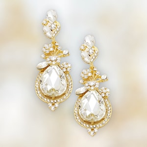 Bridal Earrings, Clear and Gold Pageant Earrings, Clear and Gold Rhinestone Earrings, Formal Prom Earrings, Clear and Gold Dangle Earrings