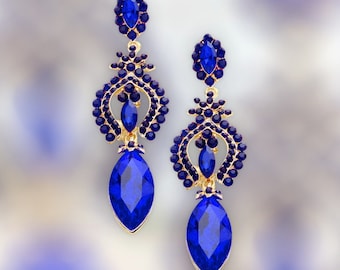 Blue earrings, blue rhinestone earrings, sapphire dangle earrings, sapphire blue pageant earrings, blue prom earrings, Blue dressy earrings