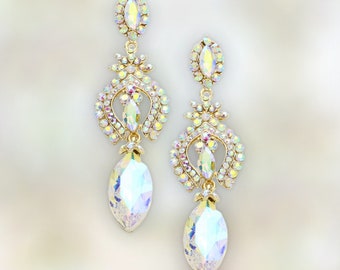 Bridal earrings, AB and gold rhinestone earrings, iridescent dressy earrings, Blingy pageant earrings, AB dressy earrings