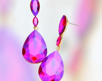 AB Purple/ Pink purple iridescent Earrings, AB Bridal Party Earrings, large AB Purple pageant earrings, Ab Pink dangle prom earrings