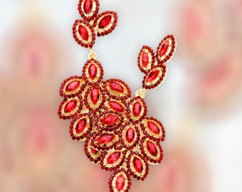 Red Rhinestone Earrings, Red Pageant Earrings, Ruby Red Prom Earrings, Ruby Holiday Earrings, Red Formal Earrings. Ruby Red Evening Earrings