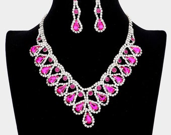 Hot Pink Rhinestone Necklace and Earring Set, hot pink prom necklace and earring set