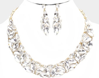 Evening Necklac, Statement Necklace, Bridal Jewelry Set, Clear and gold earrings and necklace set, Prom jewelry, Pageant necklace