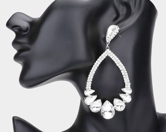 Bridal Earrings/ Clear rhinestone earrings/ Large Hoop Pageant earrings/ Clear and silver formal earrings/ Floral Rhinestone Earrings