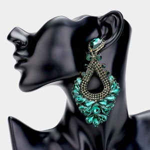 Green Earrings, Oversized Emerald Rhinestone Earrings, Green Large Pageant Earrings. Emerald Green Formal Earrings, Green Statement Earrings