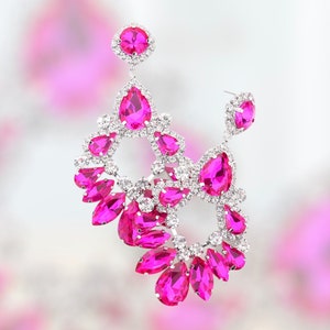 Hot Pink Earrings, Fuchsia pageant earrings, Hot Pink Prom earrings, Pink Valentine Earrings, Hot Pink Bling Earrings