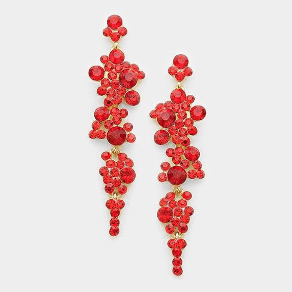 Red Dangle Earrings, Red Rhinestone Earrings, Red Pageant Earrings