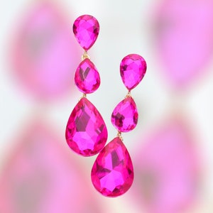 ピンクのイヤリング/ホットピンクのプロムイヤリング/フクシアのティアドロップイヤリング/ピンクのページェントイヤリング/フクシアのフォーマルイヤリング