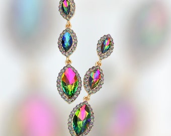 Multi Color Earrings, Vitrail Dangle Earrings,  Green Iridescent Dressy Earrings, Vitrial Prom Earrings, Multi Color Statement Earrings