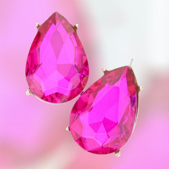 Large Pink Stud Earrings Fuchsia Rhinestone Earrings Hot Pink