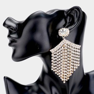 Large Rhinestone Earrings, Oversized Crystal fringe dangle earrings, Large statement earrings, Pageant clear and gold earrings