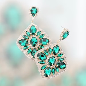 Green Dangle Earrings, Large Emerald Pageant earrings, green prom drop earrings, green statement earrings