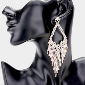 Large chandelier earrings, clear crystal on rose gold &quot;fringe&quot; style earrings, fringe earrings,large pageant earrings