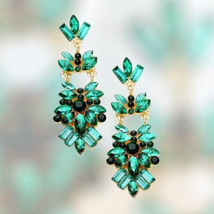 Green Earrings, Emerald Green Pageant Earrings, Green and Gold Rhinestone Earrings, Formal Green Prom Earrings, Emerald Dangle Earrings