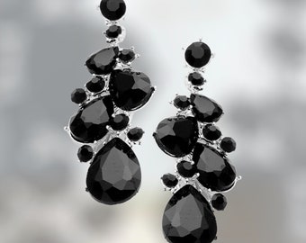 Black Earrings, Black rhinestone dangle earrings, Black bridal party earrings, Small black earrings, black prom earrings