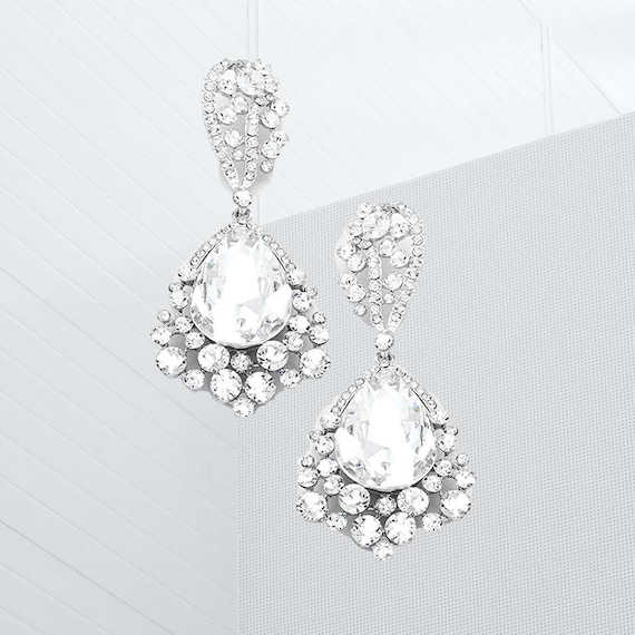 Bridal Earrings, Clear Crystal and Silver Dangle Earrings Chunky Pageant  Earring, Large Statement Earring, Rhinestone Prom Earrings