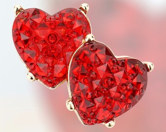 Red Heart earrings, Red rhinestone stud earring, Red valentine earrings earrings, Red  Bling heart shape earrings