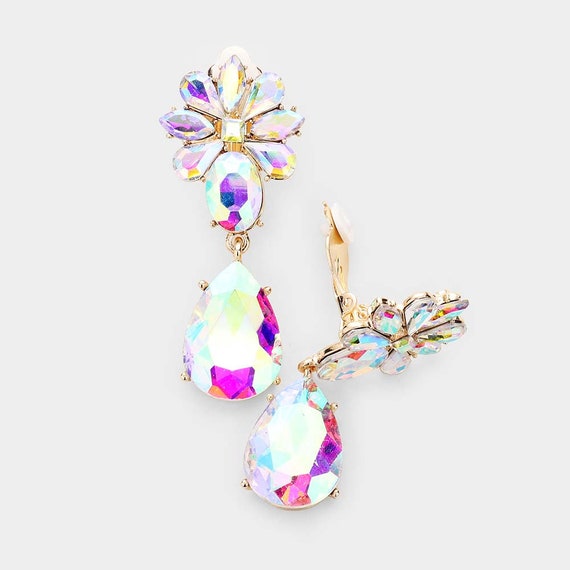 Bridal Clip on Earrings, AB Pageant Earrings, Clipon AB Rhinestone