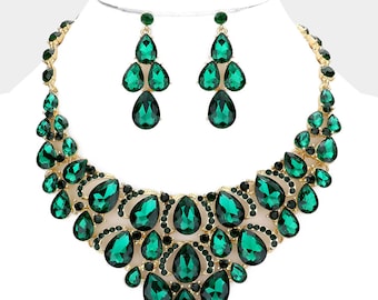 Emerald green Rhinestone necklace, Large necklace in green, Emerald green necklace set for pageant, prom and special occasions