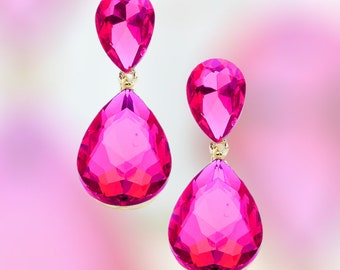 Hot Pink Clip on Earrings/Large Fuchsia Rhinestone Earrings/ Pink Clip ons Prom Earrings/ Pink Dangle Earrings, Hot pink teardrop
