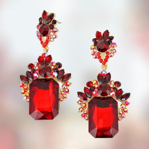 Red Earrings, Red AB Pageant Earrings, Red and Gold Rhinestone Earrings, Formal Prom Earrings, Ruby Red Dangle Earrings