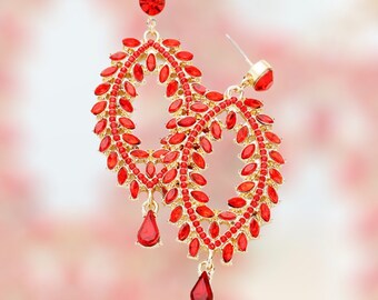 Red Earrings, Siam Red rhinestone earrings, Red elegant earrings, Red crystal dressy earrings, Red dangle evening earrings