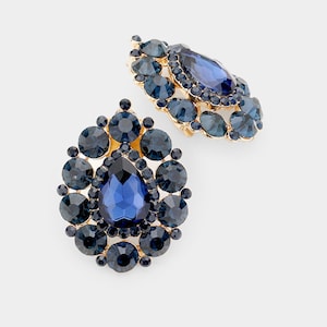 Blue Earrings/ Navy Blue Rhinestone Clip On Earrings/ Large Stud Dark Blue Earrings, Prom/ Pageant/ Formal event Blue and gold earrings