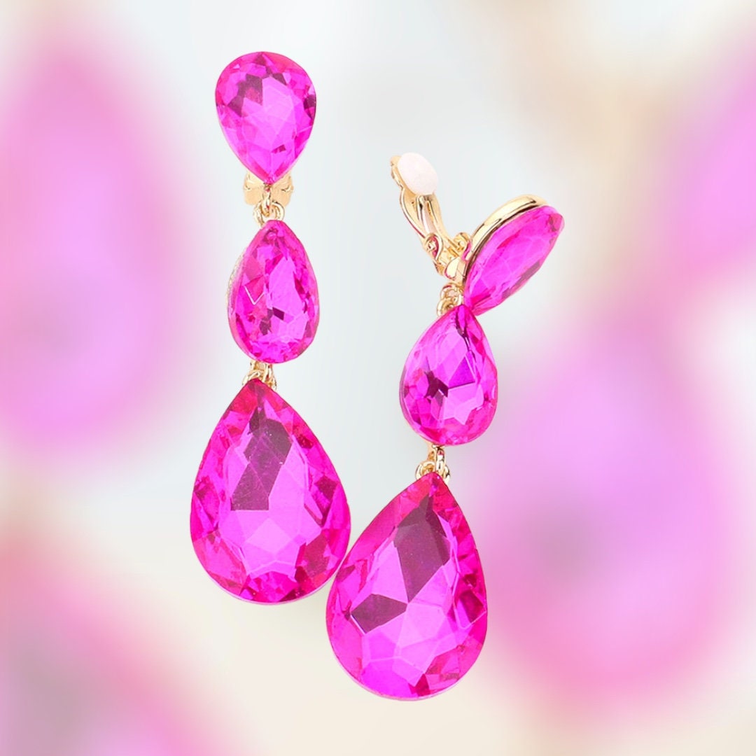 Pink Earrings/ Hot Pink Clip on Earrings/ Fuchsia Teardrop Etsy
