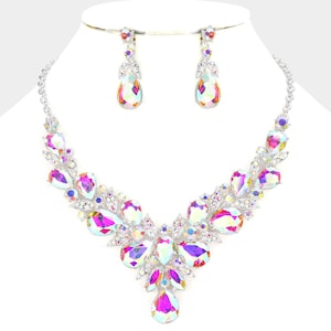 Necklace and Earring Set/ Bridal iridescent Rhinestone Necklace set/ Pageant, Prom/ Jewelry Set/ AB Iridescent stones and Silver Jewelry