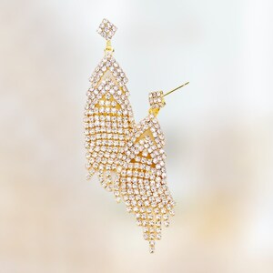 rhinestone earrings, bridal earrings, clear and gold pageant earrings, prom dangle earrings, formal evening earrings