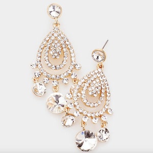 Bridal Earrings/ Chandelier Rhinestone Earrings/ Clear and Gold Pageant Earrings/ Formal Chandelier Earrings