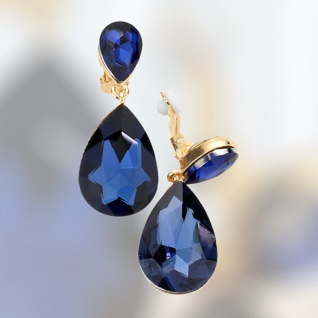 Navy Blue Rhinestone Earrings, Blue Dangle Clip on Pageant Earrings