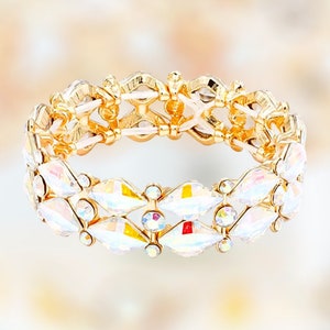 Rhinestone Bracelet, Ab and gold prom bracelet, Ab and gold bridal bracelet, chunky formal iridescent stretch bracelet. dressy bracelet