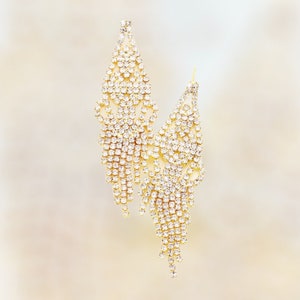 rhinestone earrings, bridal earrings, clear and gold pageant earrings, prom dangle earrings, formal evening earrings
