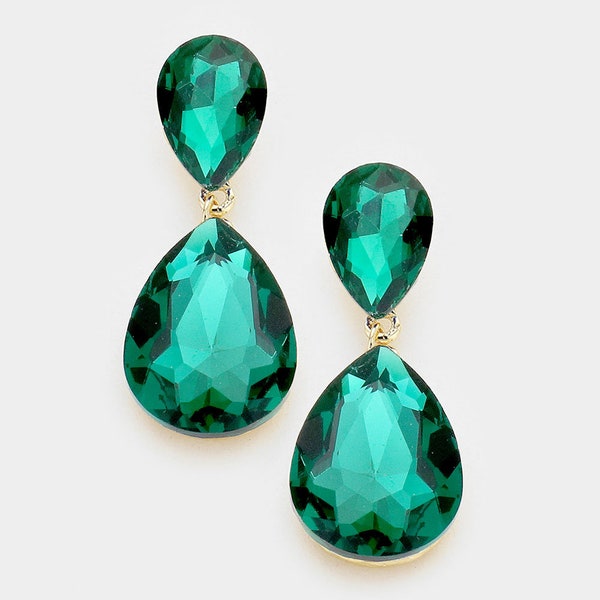 Green Earrings/ Emerald Green Rhinestone Earrings/Large Green Teardrop Earrings/ Green Pageant Earring/ Gift Earring