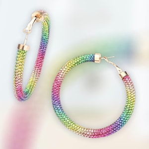 rainbow hoop earrings, multi color rhinestone hoops, unicorn hoop earrings, rainbow statement hoop earrings
