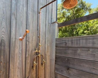 Outdoor Shower System with Mixed Temperature Hose Bib & Handheld Wand. Copper Rainfall Fixture