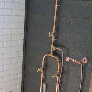 Industrial Copper Outdoor Rainfall Shower – Inside/Outside Dog Wash, Hand Spray. Unlacquered. Swivel Floor connection
