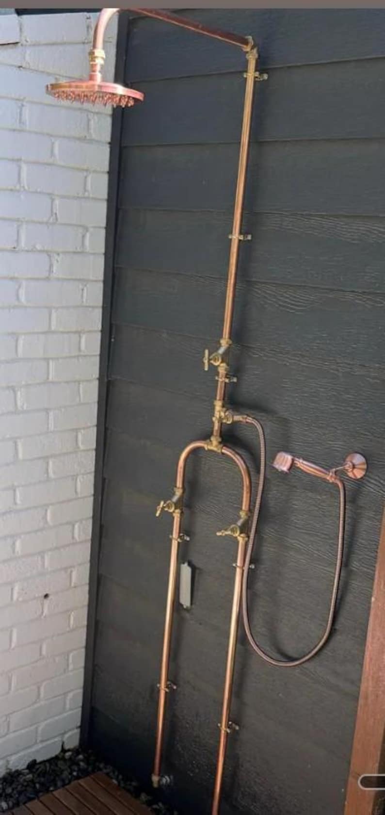 Industrial Copper Outdoor Rainfall Shower – Inside/Outside Dog Wash, Hand Spray. Unlacquered. Swivel Floor connection
