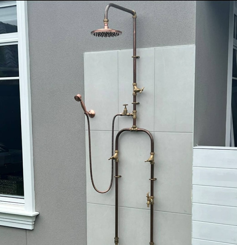 Industrial Exposed Solid Copper 22mm 3/4 Bespoke Outdoor and Indoor Rainfall Shower with Hand Spray, Dog wash image 8