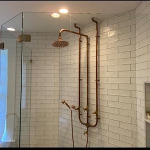 Industrial Copper Outdoor Rainfall Shower – Inside/Outside Dog Wash, Hand Spray. Unlacquered. Swivel Top connection