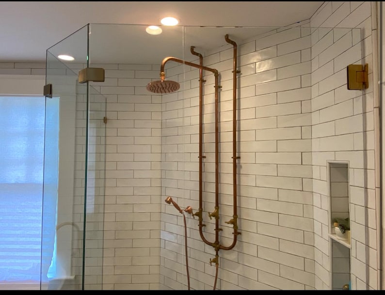Industrial Copper Outdoor Rainfall Shower – Inside/Outside Dog Wash, Hand Spray. Unlacquered. Swivel Top connection