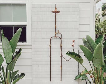 Industrial Copper Outdoor Rain Shower – Handheld Shower Head & Foot Tap, Dog Wash Fixture