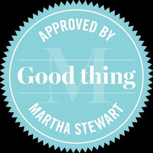 May include: A circular, pale blue seal with a white, serrated edge. The words "APPROVED BY" are at the top, "Good thing" in the centre, and "MARTHA STEWART" at the bottom. A faded "M" design is in the background.