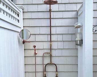 Industrial Copper Outdoor Rainfall Shower – Inside/Outside Dog Wash, Hand Spray. Unlacquered. Swivel