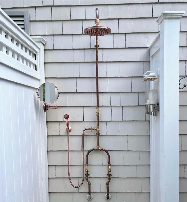 Industrial Copper Outdoor Rainfall Shower – Inside/Outside Dog Wash, Hand Spray. Unlacquered. Swivel image 3