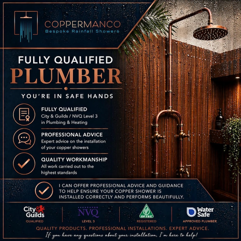 May include: Copper shower fixture with a rainfall showerhead and copper piping. The image includes text that reads "CopperManco Bespoke Rainfall Showers" and "Fully Qualified Plumber". The image also includes the text "You're in safe hands".