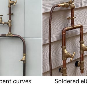 May include: Two images displaying copper plumbing fixtures. One shows hand-bent curves, the other soldered elbows. Both include brass valves and fittings. The text in the image reads "Hand bent curves" and "Soldered elbows".