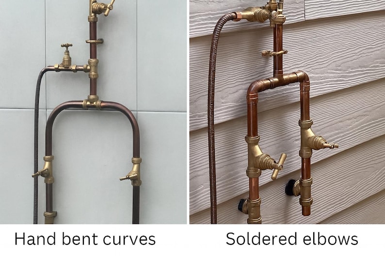 May include: Two images displaying copper plumbing fixtures. One shows hand-bent curves, the other soldered elbows. Both include brass valves and fittings. The text in the image reads "Hand bent curves" and "Soldered elbows".